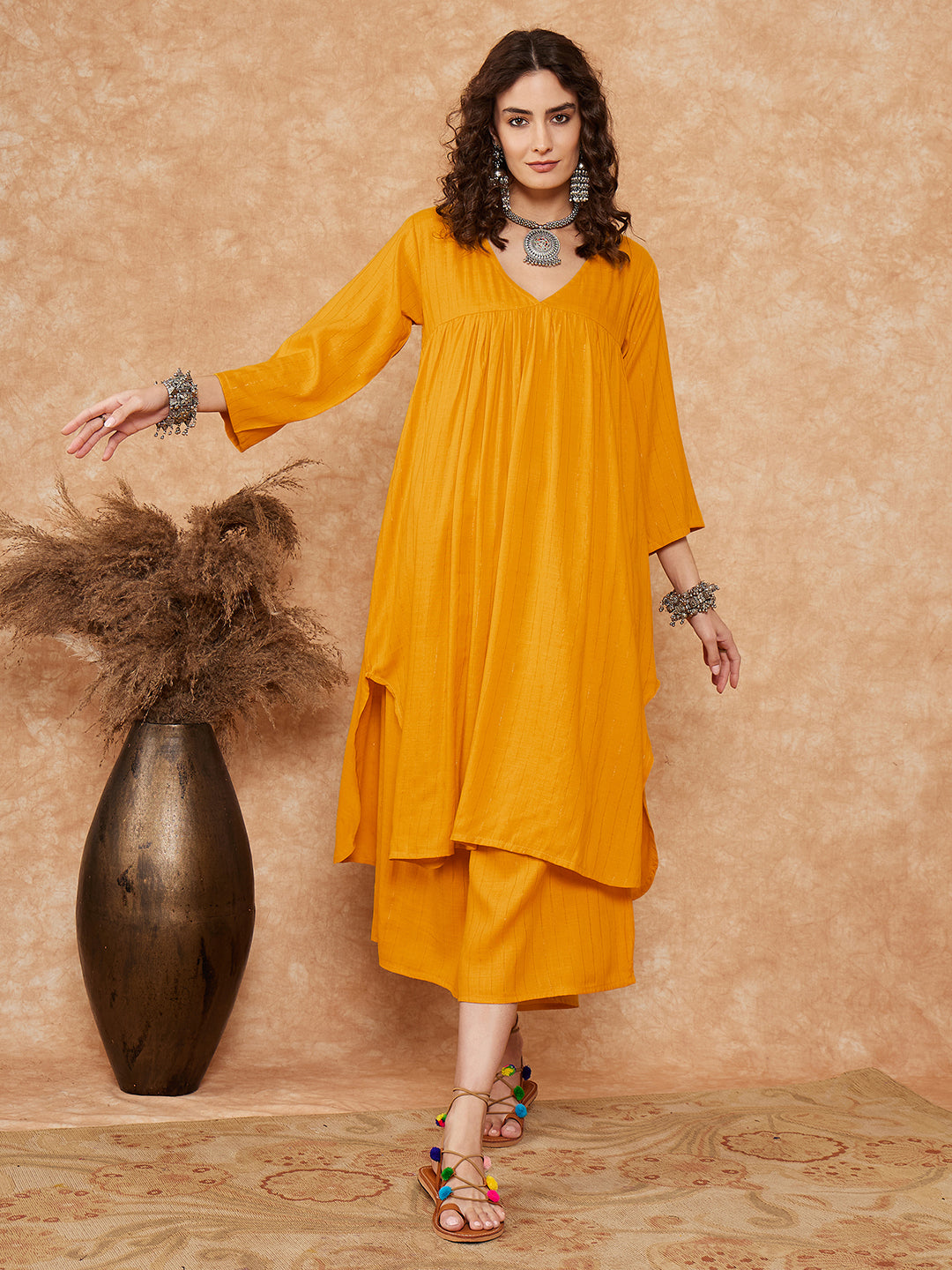 Women's Mustard Lurex Flared V Neck Kurta Palazzo Set - InWeave