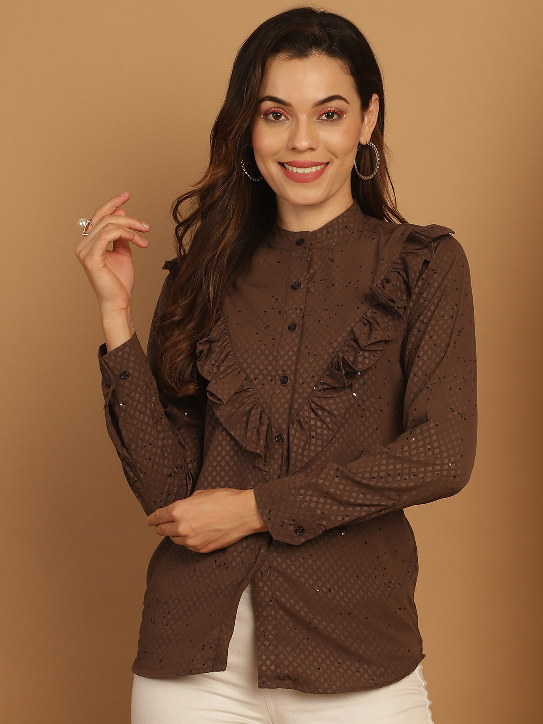 Women's Coffee Brown Woven Design Frill Top - Taantav