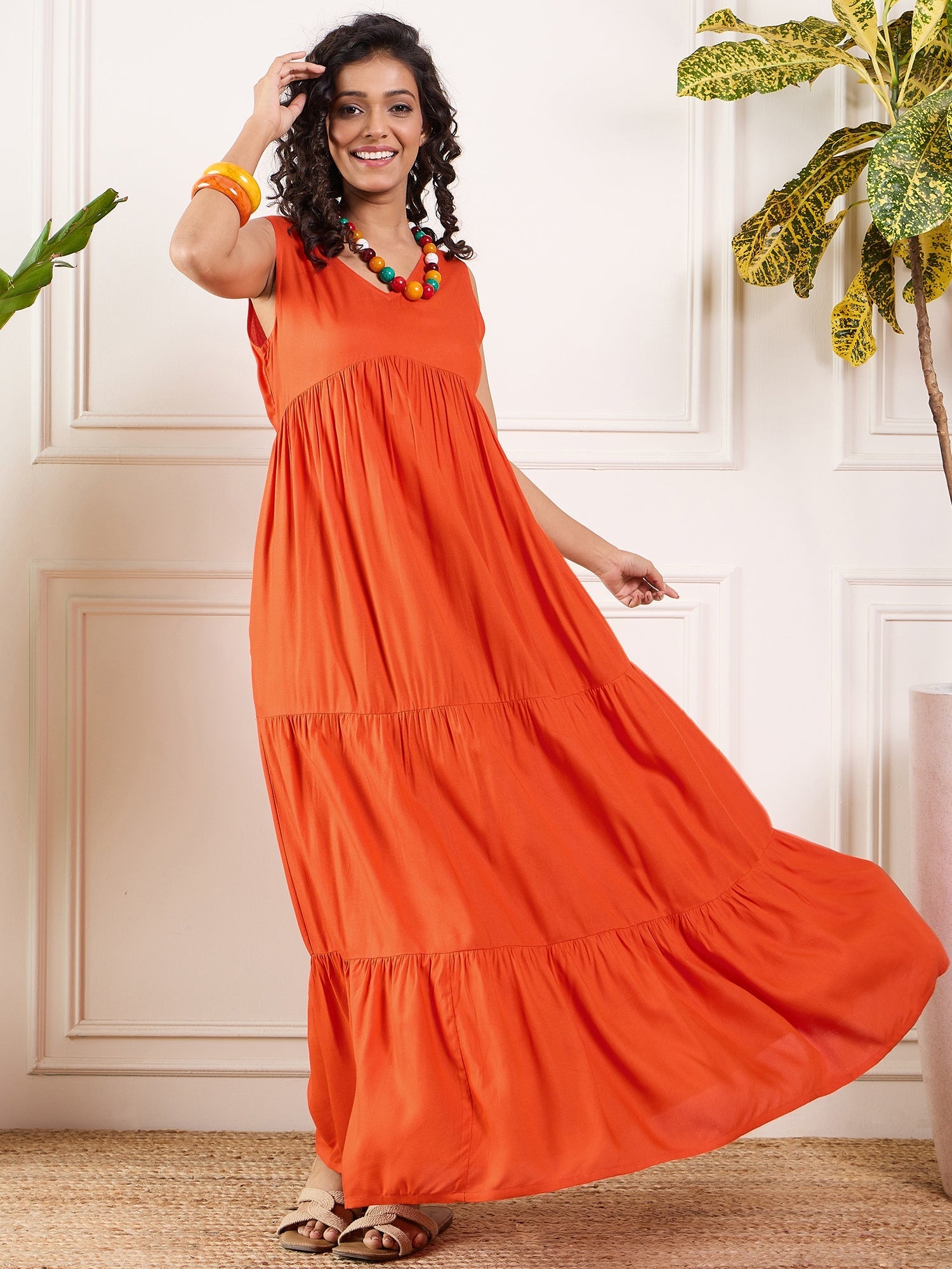 Women's Orange V Neck Sleeveless Long Tiered Dress - InWeave