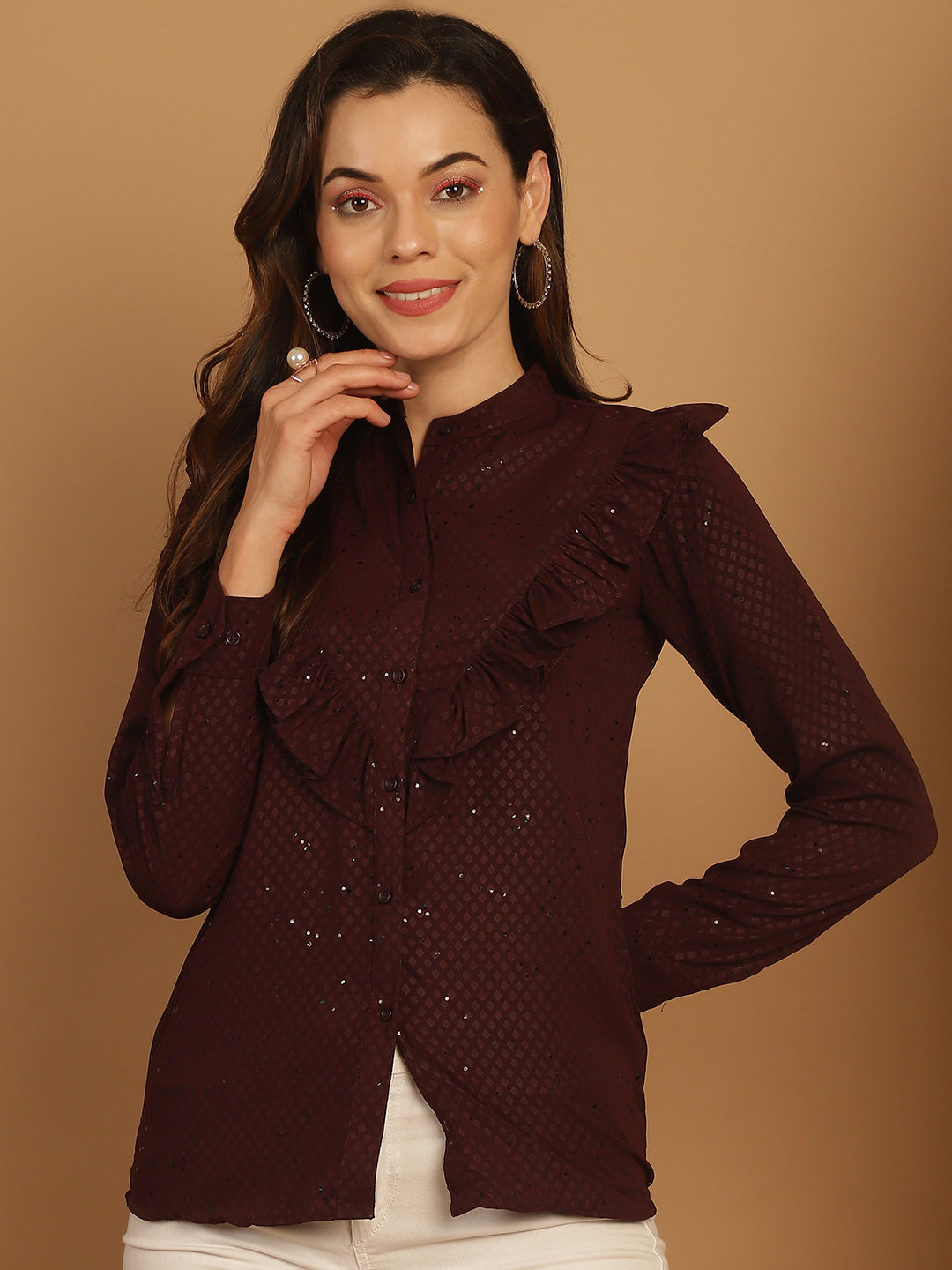 Women's Wine Woven Design Women's Top - Taantav