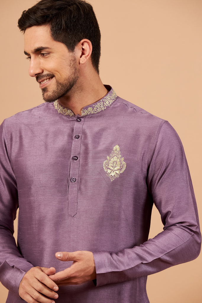 Men's Purple Color Inara Gold Embroidered Kurta Semi Raw Silk Mix