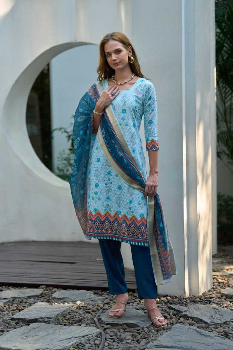 Women's Sky Cotton Chikankari Kurta Set