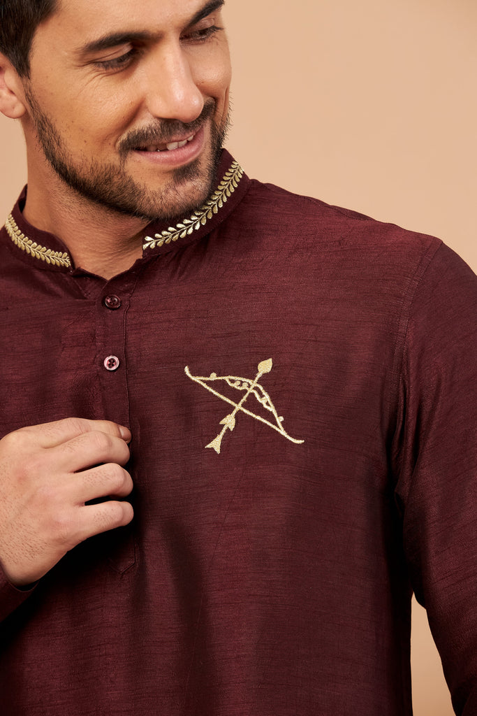 Men's Maroon Color Adira Gold Zari Embroidered Kurta Semi Raw Silk Mix