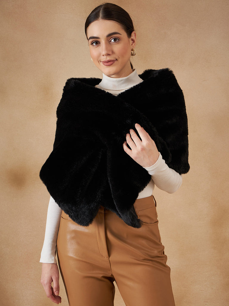 Women's Black Long Faux Fur Cape