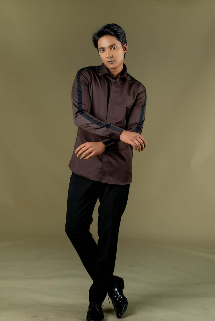 Men's Brown & Black Color Sleeve Strop Shirt Full Sleeves Casual Shirt