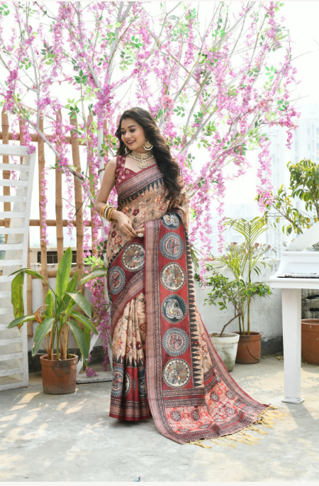 Women's Peach Printed Cotton Silk Saree with Tassels - Vishnu Weaves