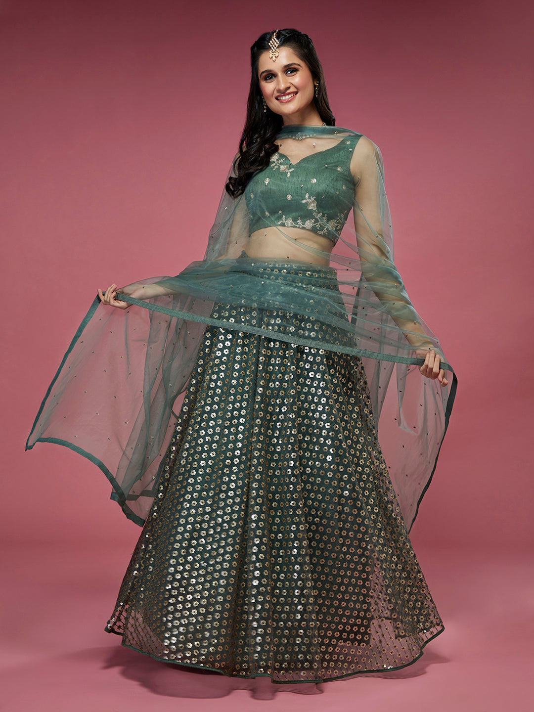 Women's Lime Green Net Sequinse Embroidered Ready To Wear Lehenga & Blouse With Dupatta-Royal Dwells