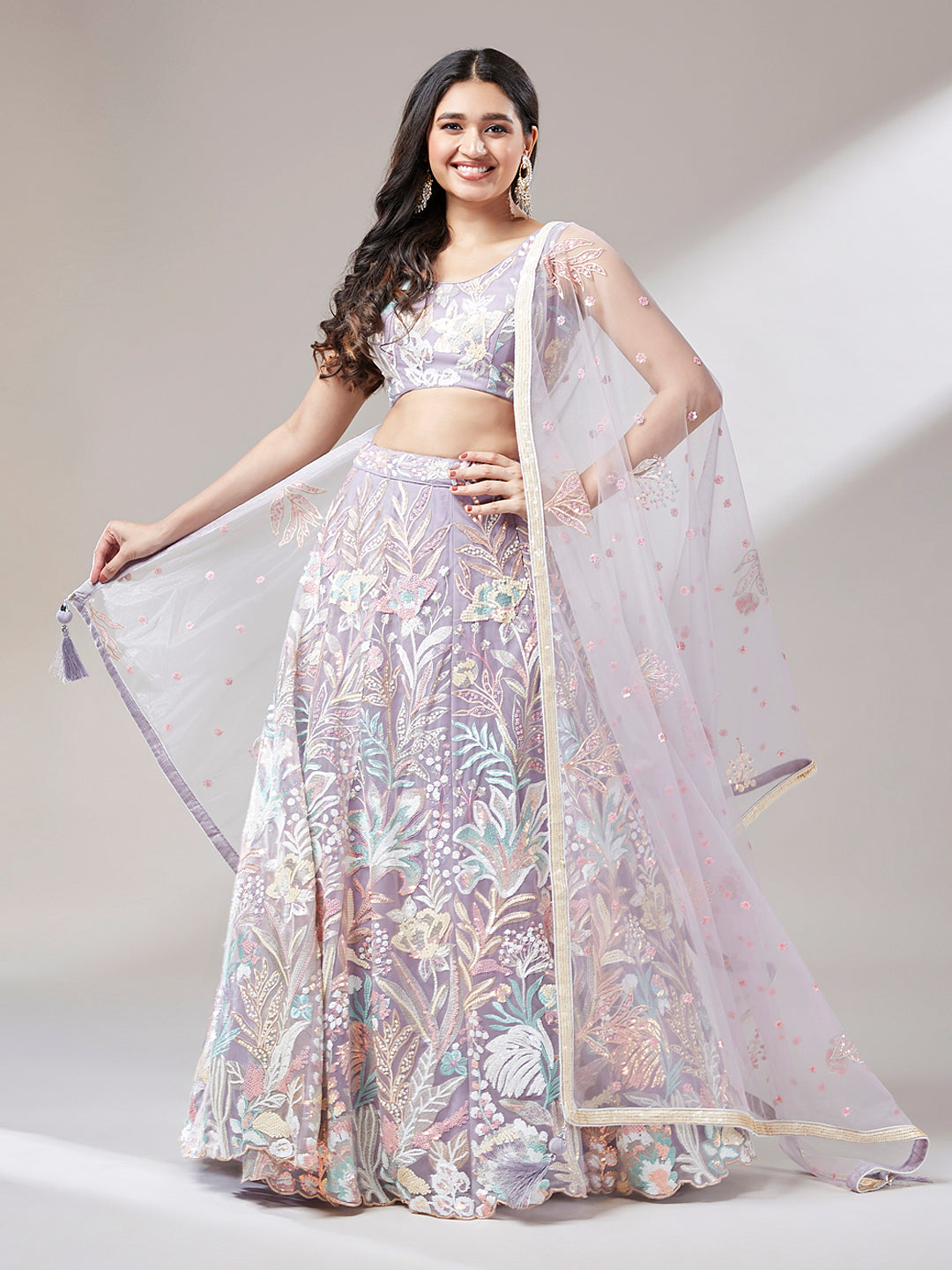 Women 's Muave Net Sequinse Work Ready to Wear Lehenga & stitched Blouse with Dupatta - Royal Dwells