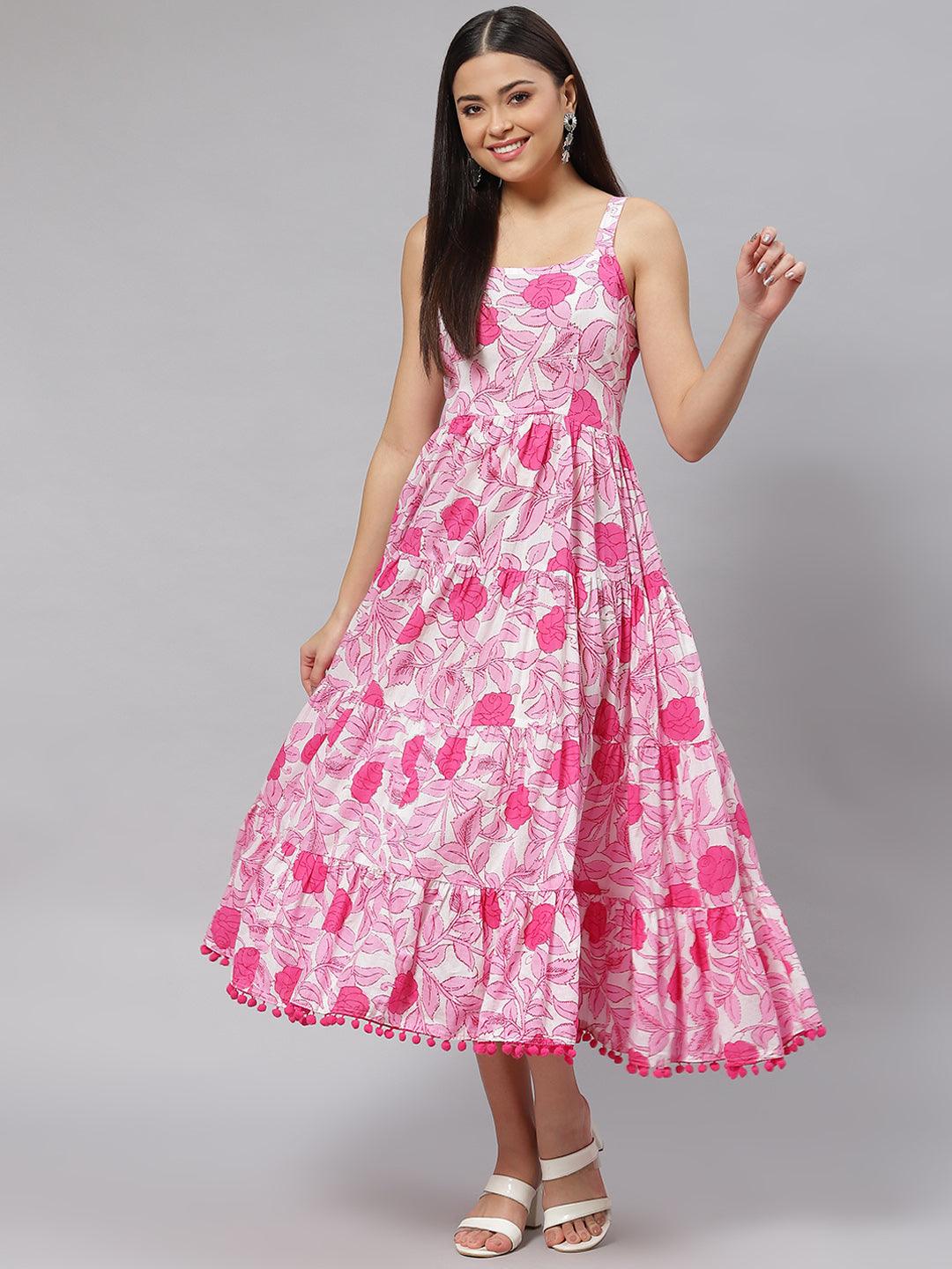 Women's white & Pink Floral Shoulder Strip Long Dress - Taantav