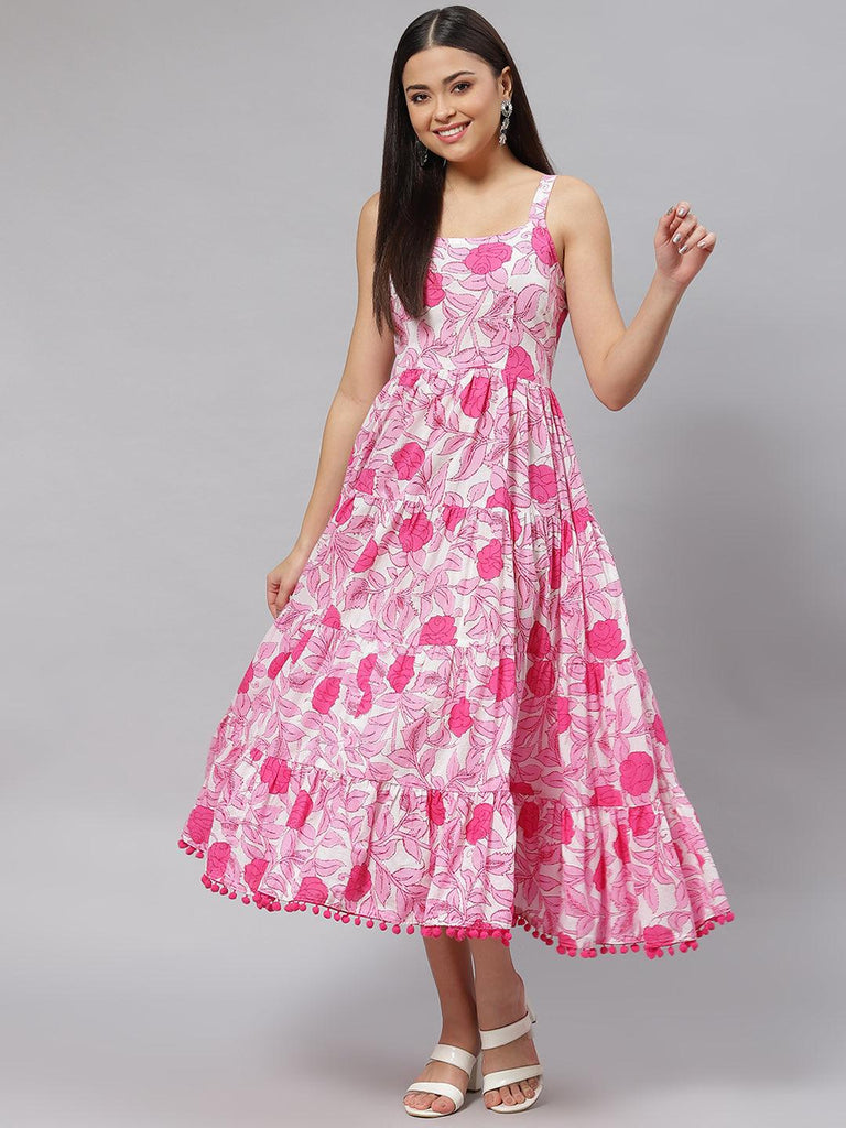 Women's white & Pink Floral Shoulder Strip Long Dress