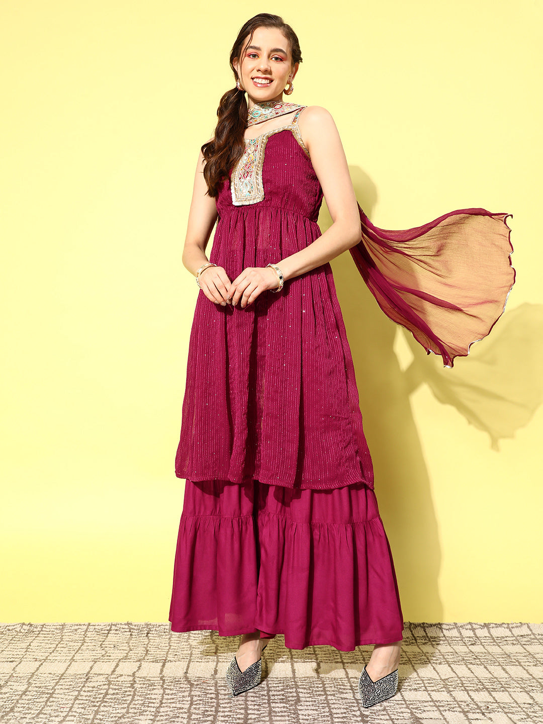 Women's Maroon Gota Insert Neckline Sharara Set - InWeave