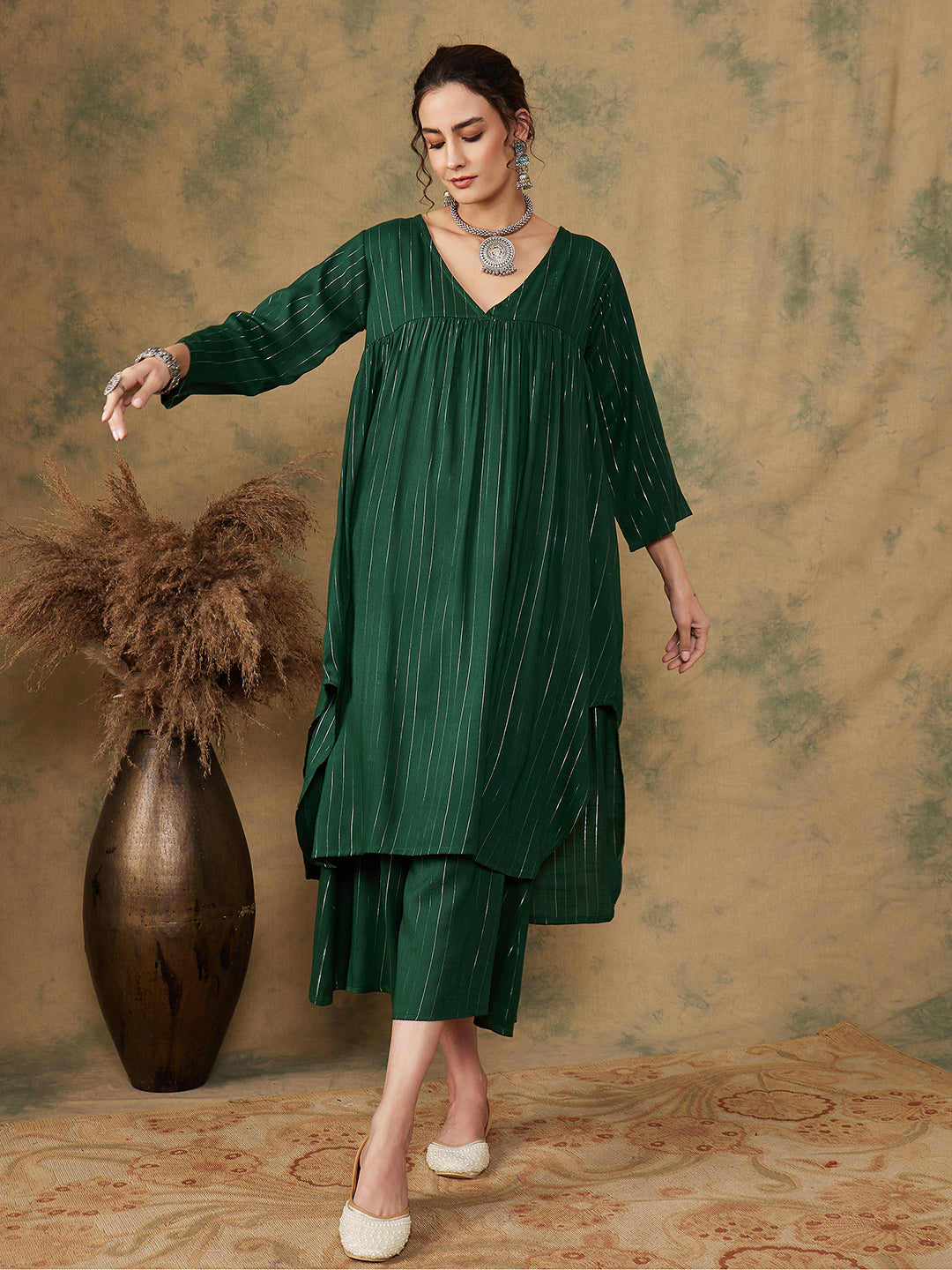 Women's Pine Green Lurex Flared V Neck Kurta Palazzo Set - InWeave