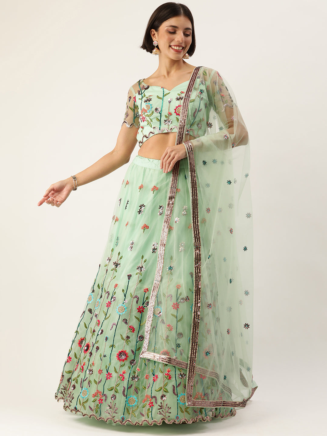 Women's Seagreen - Net Sequin Embroidered Ready To Wear  Lehenga - Royal Dwells
