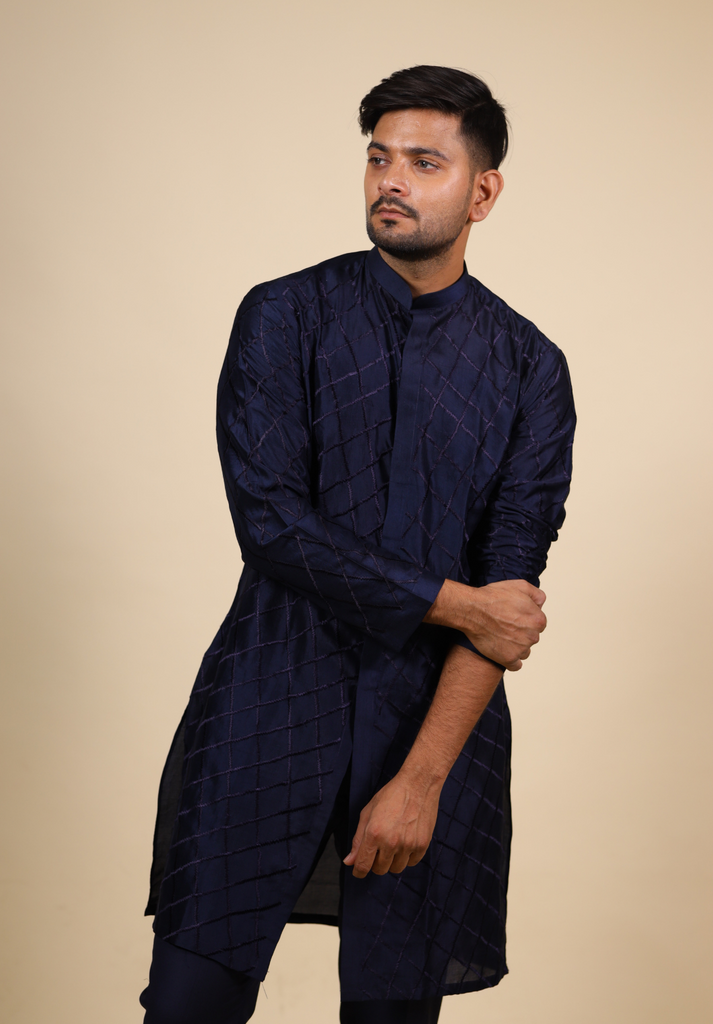 Men's Blue Color Navy Blue Shirt Cut Lattice Pattern Designer Kurta Dupion