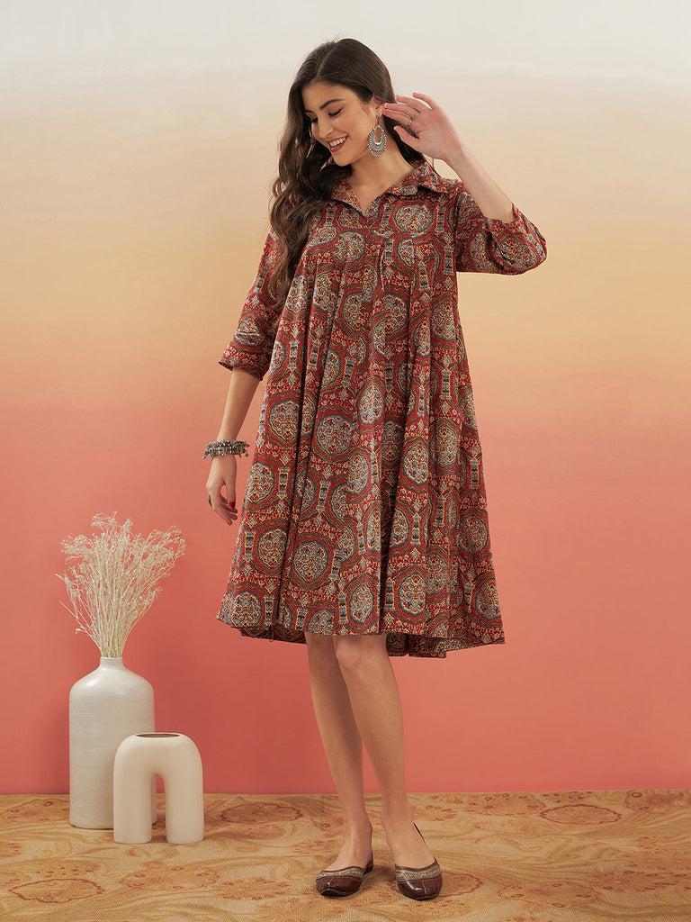 Women's Maroon Mughal Kalamkari Flared Dress