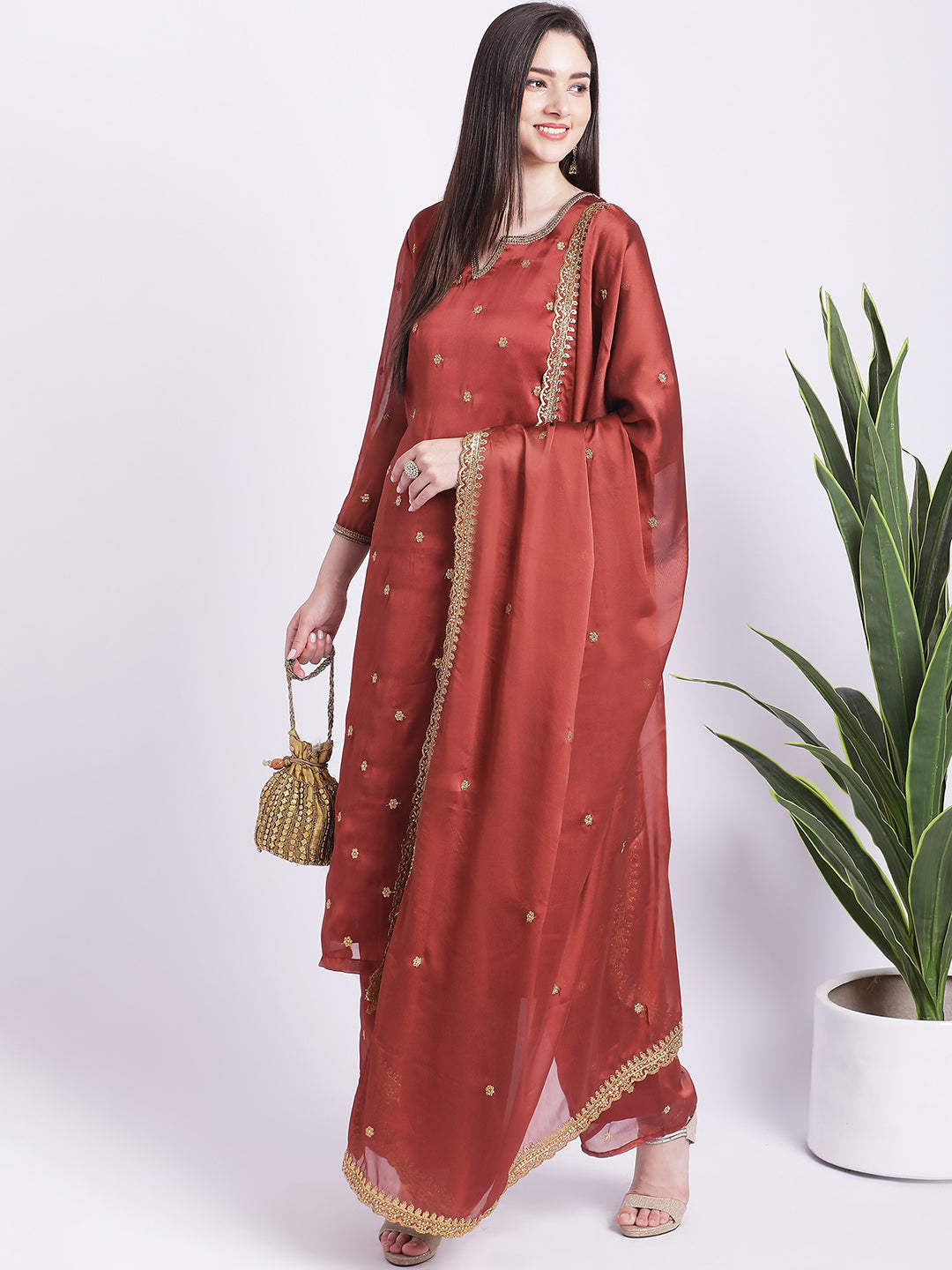 Women's Glam Rust Embroidered Kurti With Straight Palazzo And Embroidered Dupatta - Anokherang