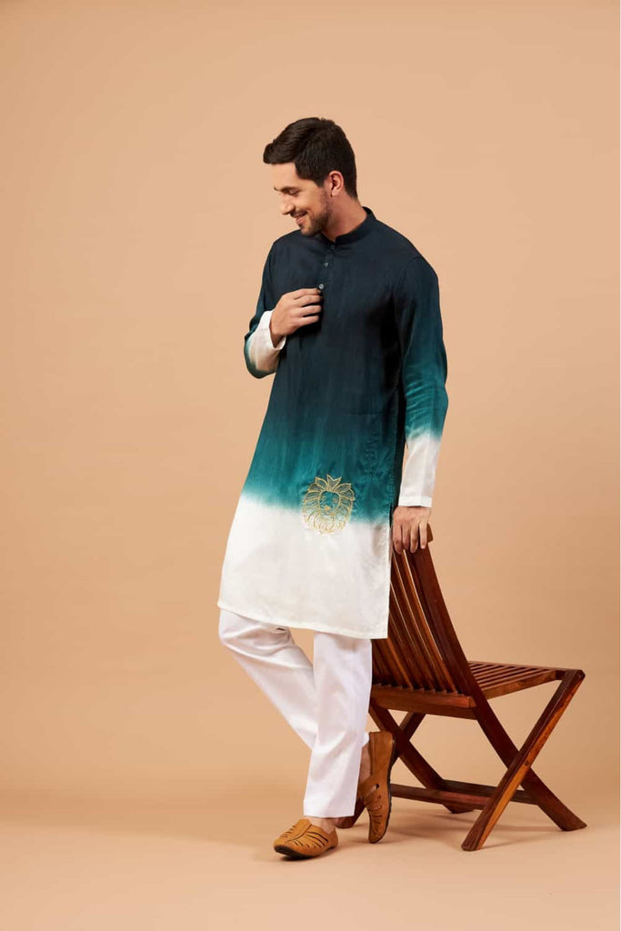 Men's Green Color Leonine Kurta - Lion Embroidery Silk