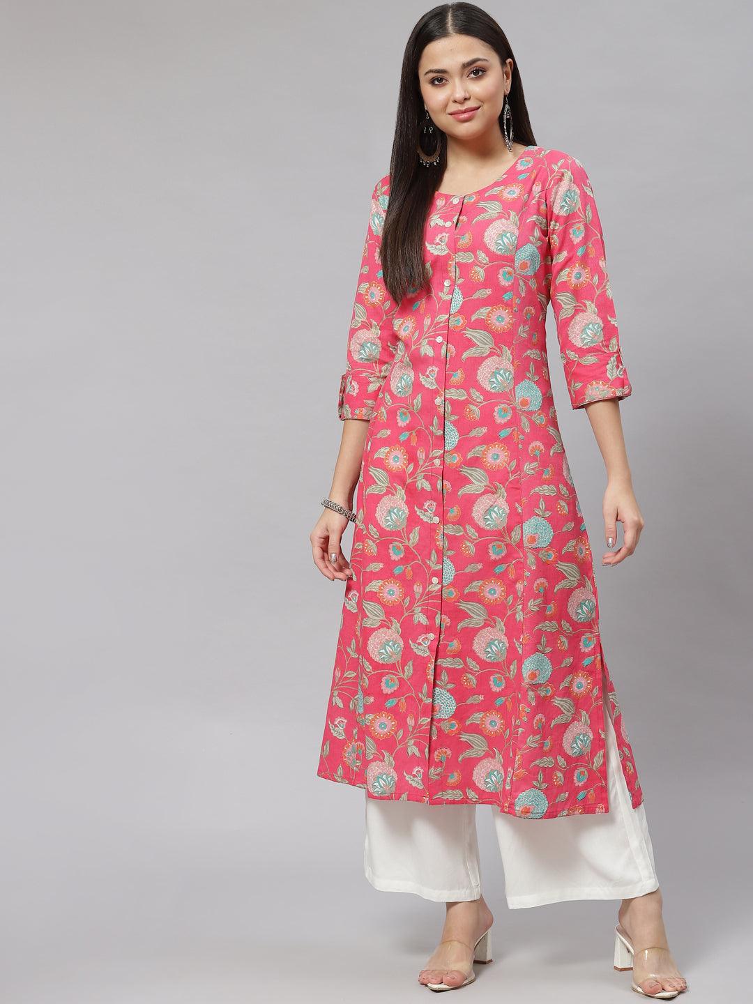 Women's Pink Floral Cotton Flex A-line Kurta - Taantav