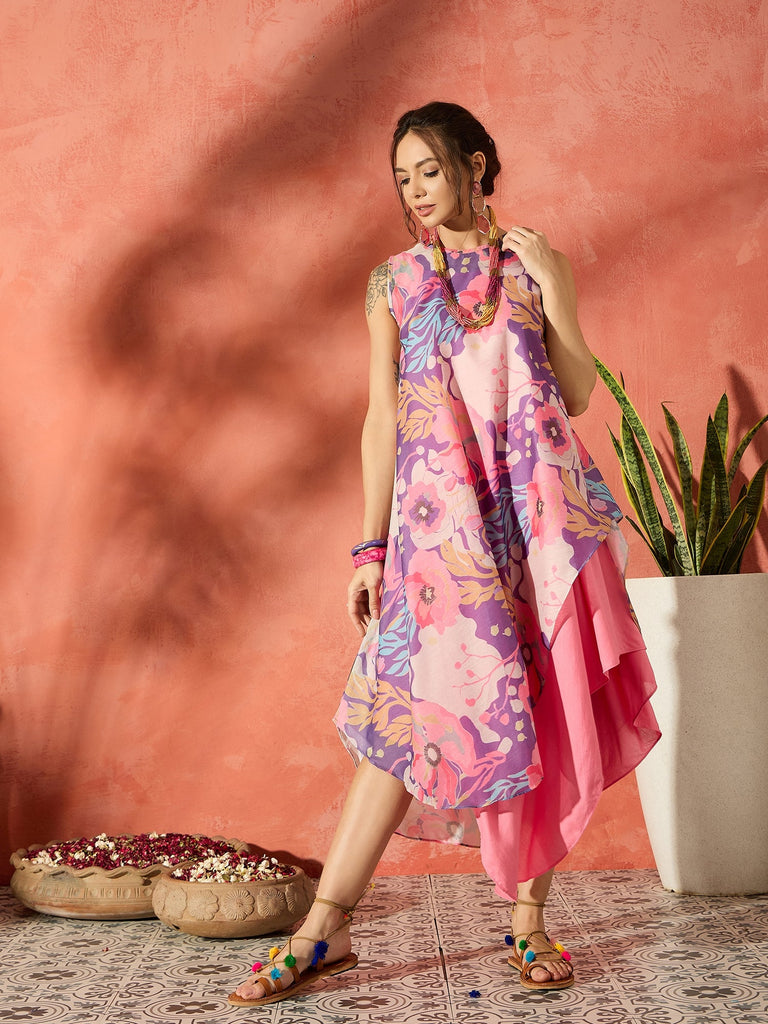 Women's Purple Floral Peach Asymmetrical Dress