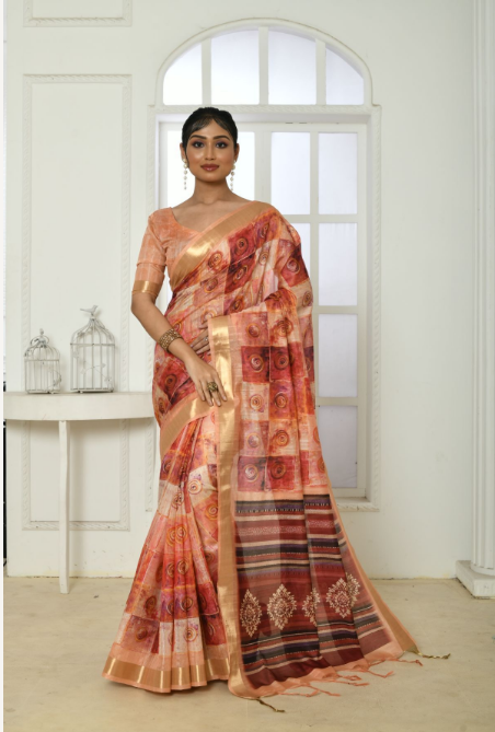 Women's Peach Printed Cotton Silk Saree with Tassels - Vishnu Weaves