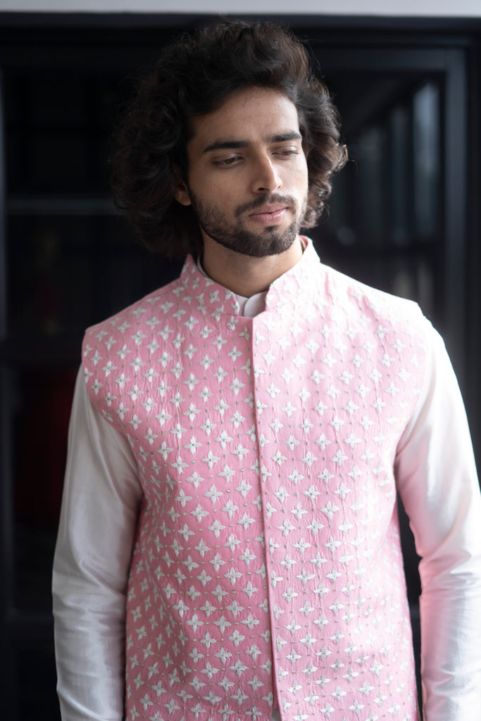Men's Pink Color Jacket With Kurta Pant Set