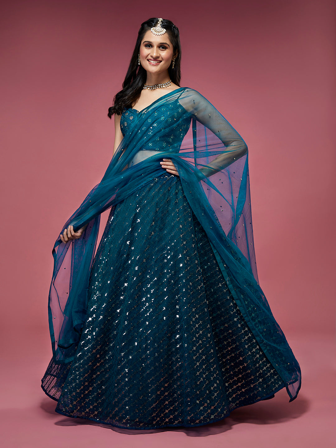 Women's Teal Net Sequinse Embroidered Ready To Wear Lehenga & Blouse With Dupatta-Royal Dwells