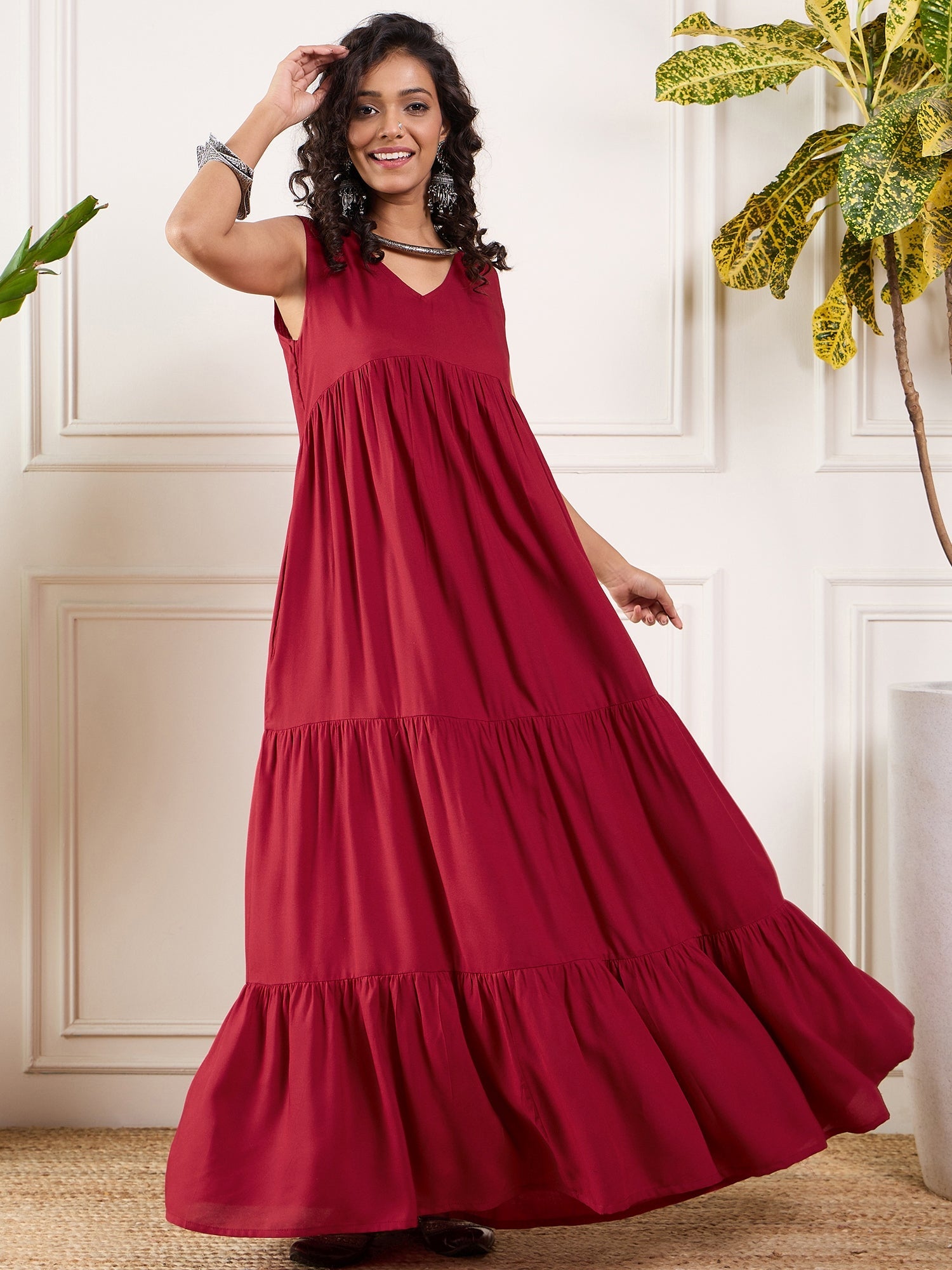 Women's Maroon V Neck Sleeveless Long Tiered Dress - InWeave