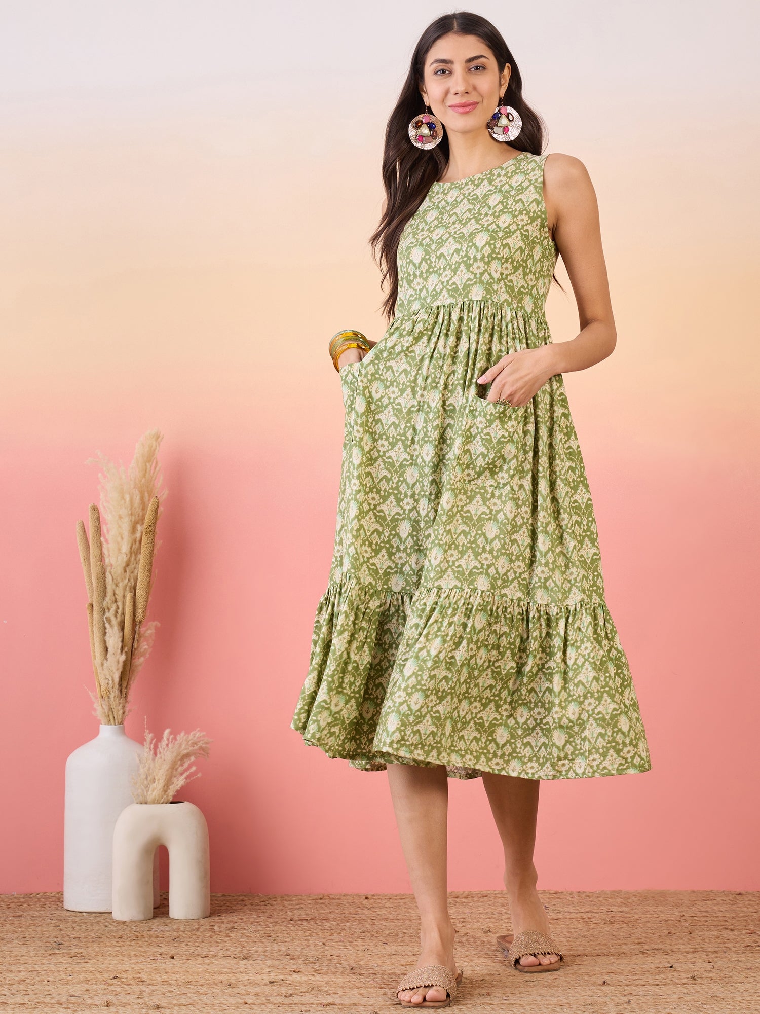 Women's Apple Green Ikkat Print Foil Front Pocket Dress - InWeave