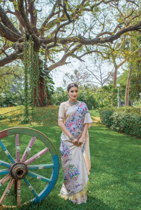 Women's Purple Printed Woven cotton organza Saree with Tassels - Vishnu Weaves