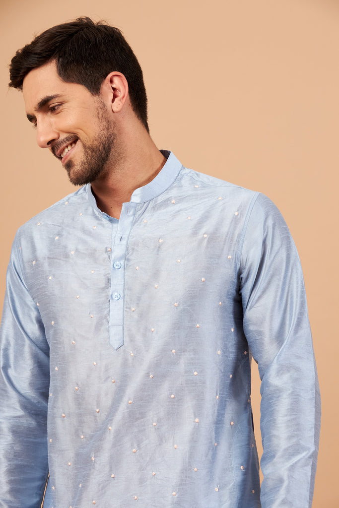 Men's Baby Blue Color Viva Dot Embroidered Kurta Semi Raw Silk Mix