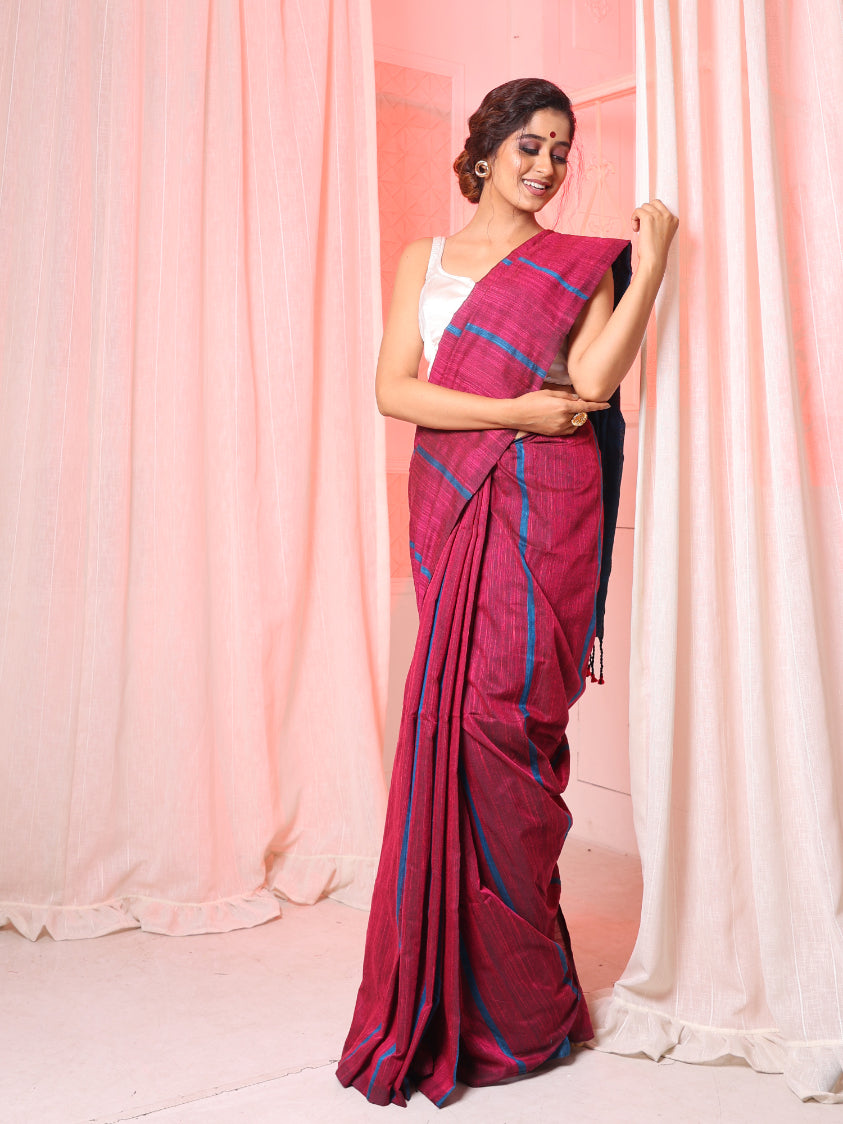 Women's Magenta Handloom Saree With Blue Stripe - In Weave Sarees