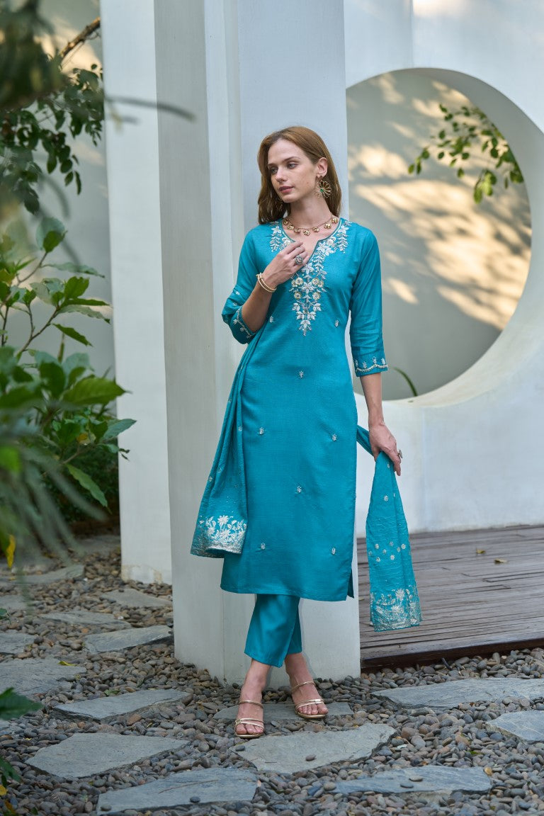 Women's Teal Vatican Embroidery  Kurta Set