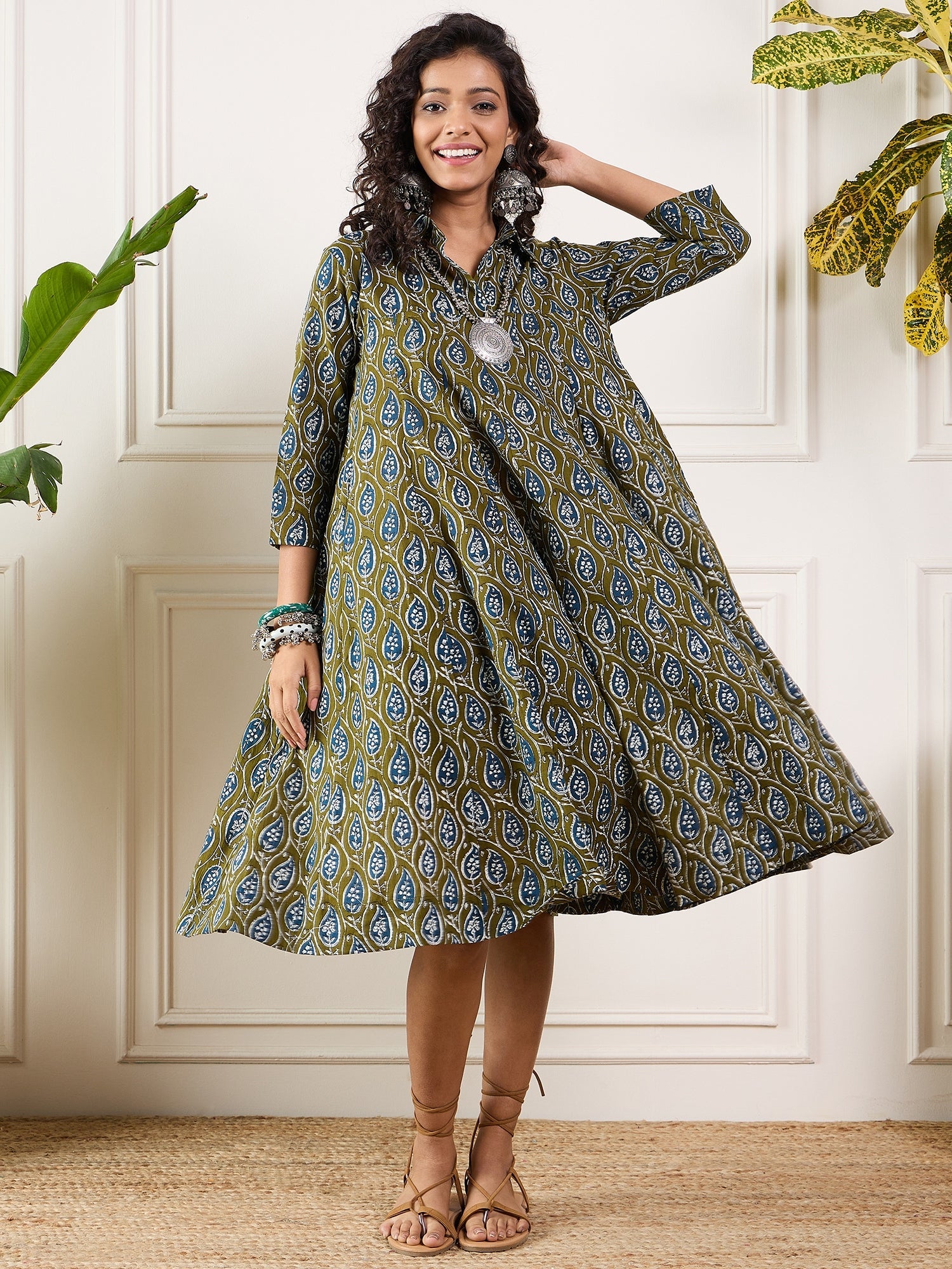 Women's Olive Indigo Ajrak Leaves Collar Flared Dress - InWeave