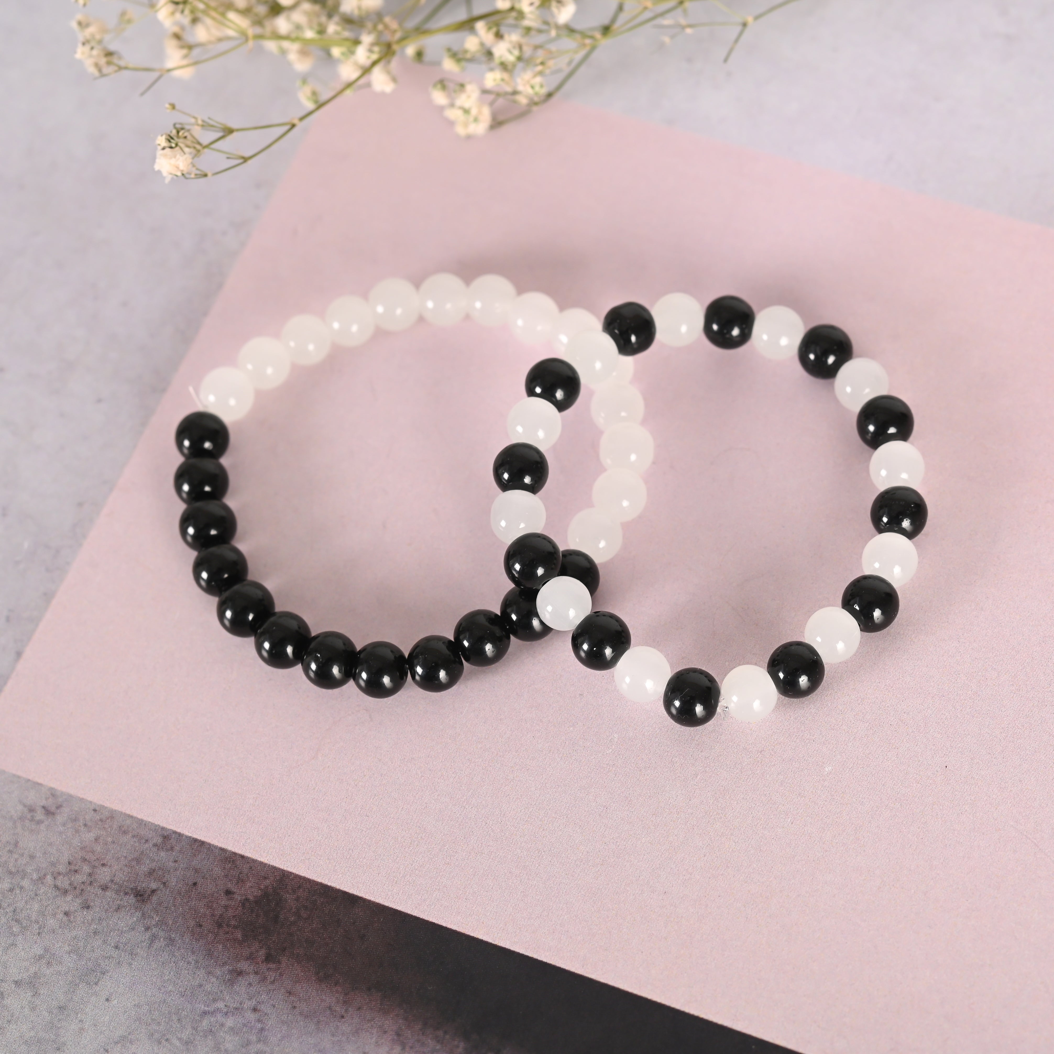 Unisex White & Black Marbel Crystal Elasticated Bracelet