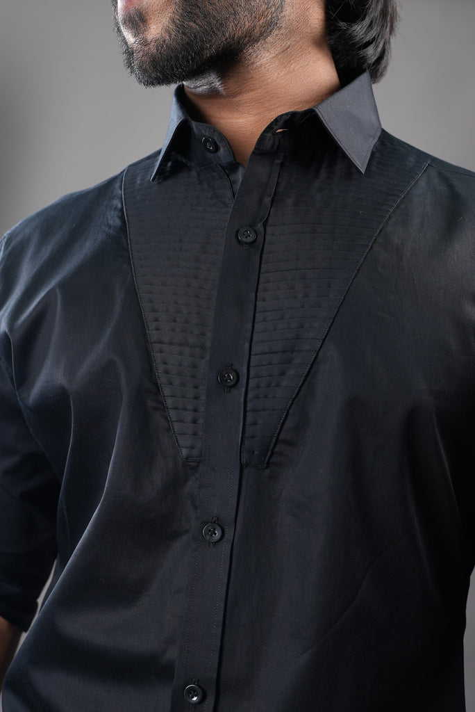 Men's Black Color V Pintuck Full Sleeves Casual Shirt