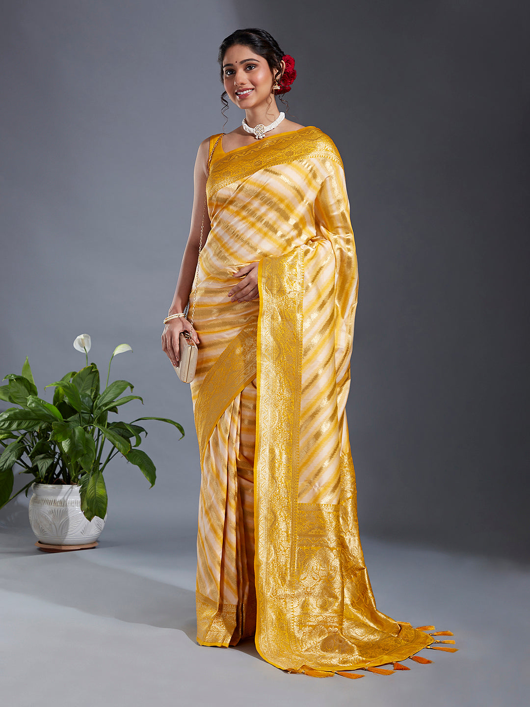 Women's Yellow & Gold Satin Paisley Zari With Beautiful Leheriya Banarasi Saree - Royal Dwells