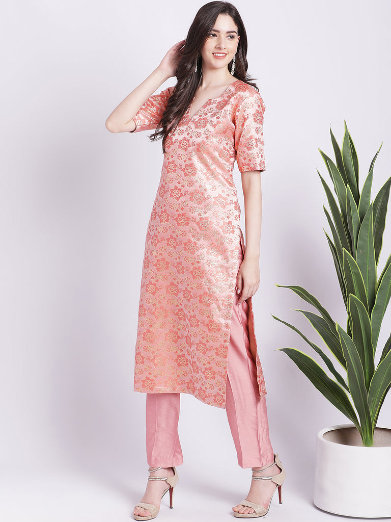 Women's Peach Banarsi Straight Kurti With Pants