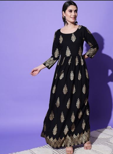 Women's H & N Golden Print Black Anarkali Kurta