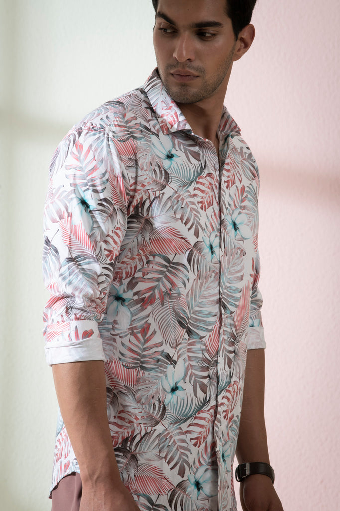 Men's White Color Tropical Full Sleeves Shirt
