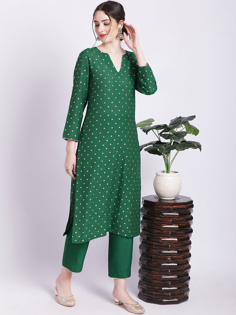 Women's Ethnic Green Banarasi Straight Kurti With Straight Pants