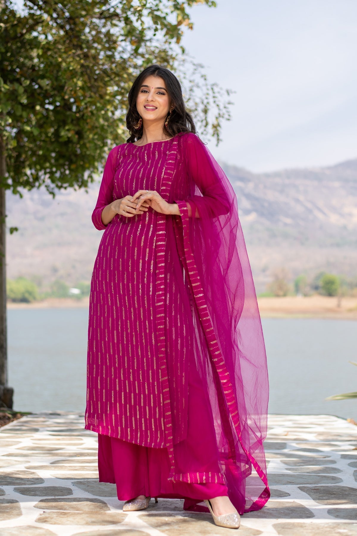 Women's Rani Pink Heavy Kurta With Pallazo