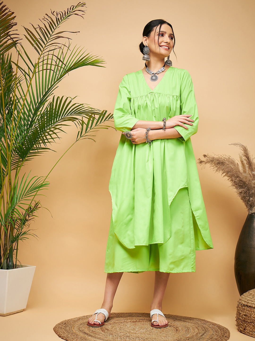 Women's Lime Green Flared Kurta Palazzo Set - InWeave