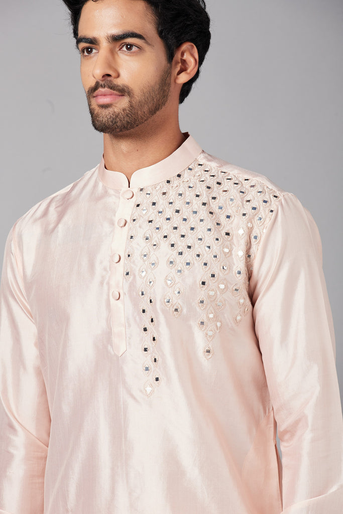 Men's Peach Color Rooyi Position Mirror Work Kurta Dupion