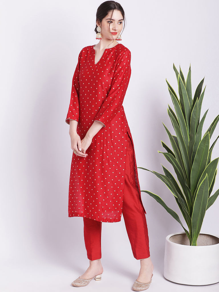Women's Ethnic Maroon Banarasi Straight Kurti With Straight Pants