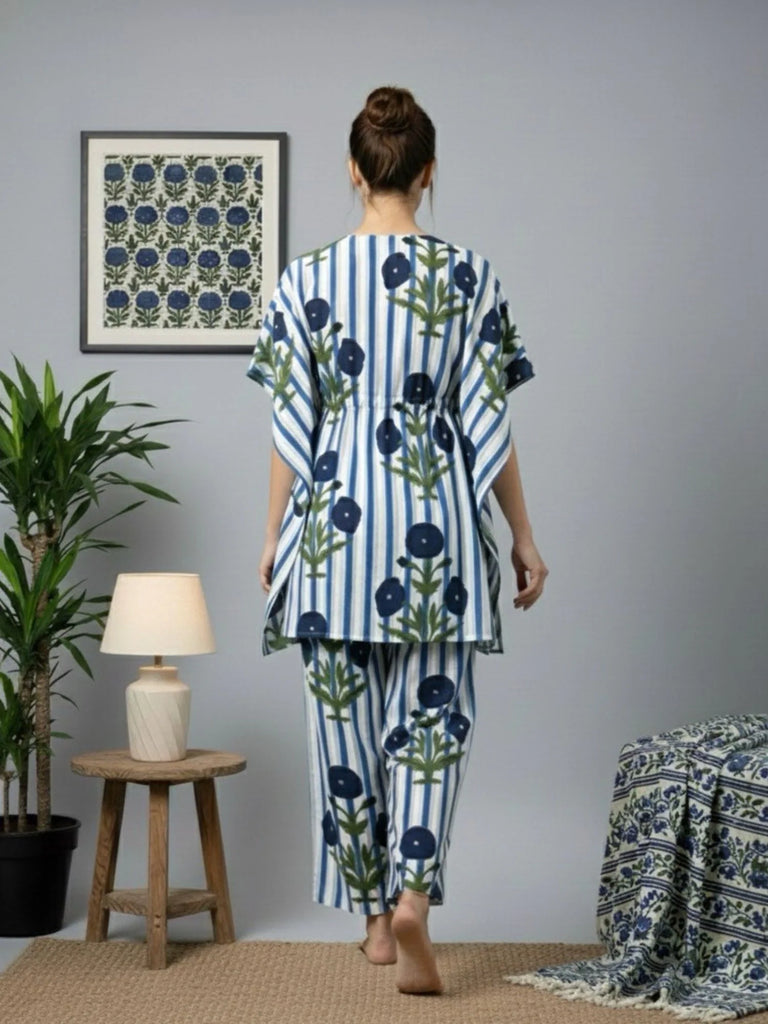 Women's Blue Floral Kaftan Night-Suit Set