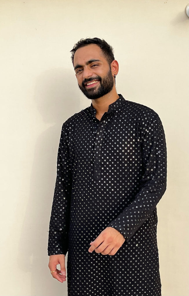 Men's Black Color Black Mirror Kurta + Patiala Pants Georgette & Santone