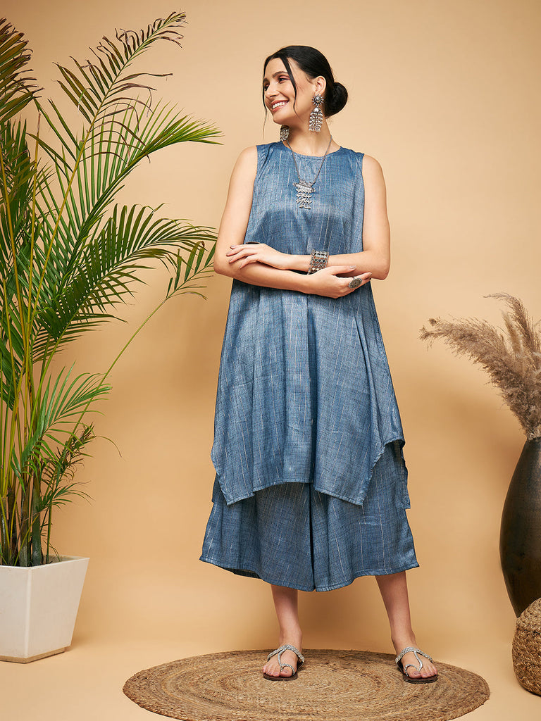 Women's Blue Lurex Short Pallazo Kurta Set