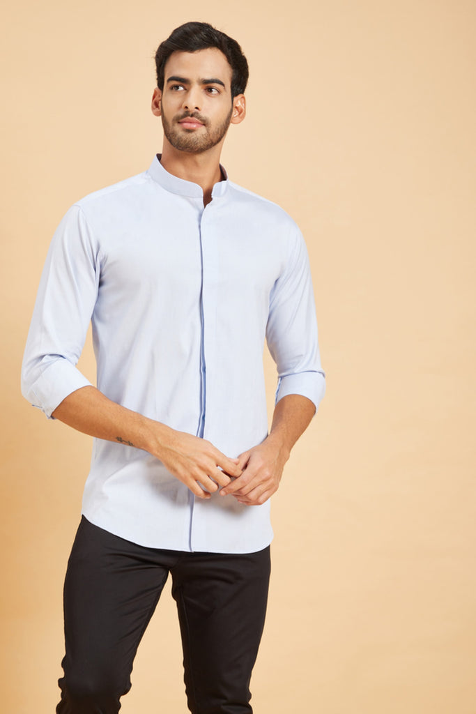 Men's Sky Blue Color Skii Chinese Collar Shirt Full Sleeves Casual Shirt