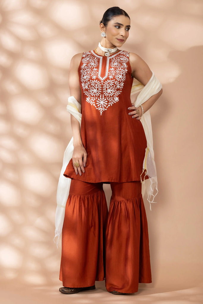 Women's Rust silk Flared Sharara Set