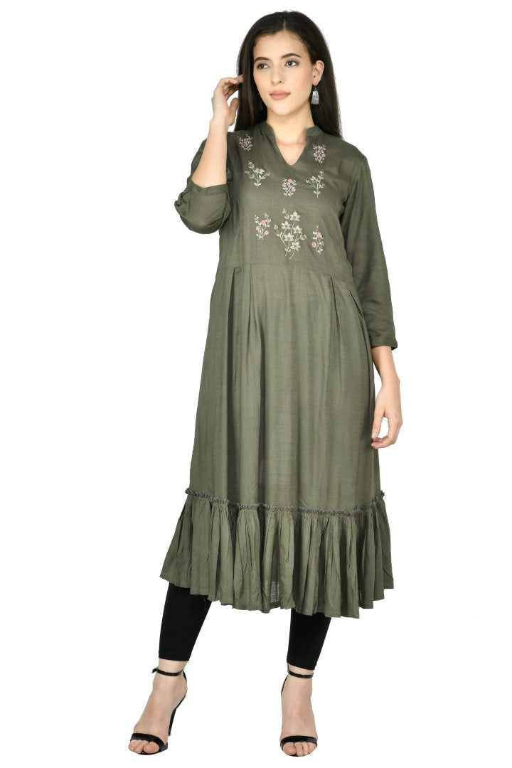 Women's Olive Cotton Rayon Embroidery Tunic - Joban Fashion